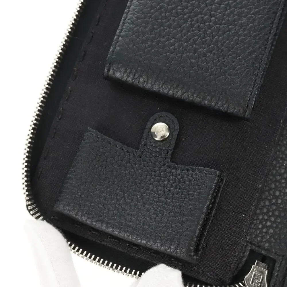 Fendi Leather Selleria Double Zip Organizer Wallet Black